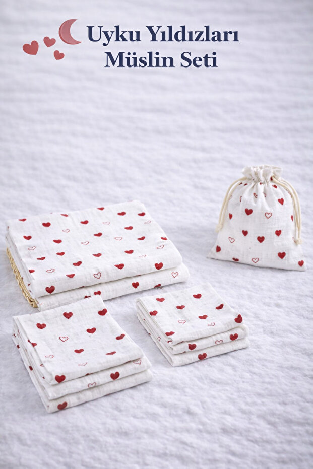 Baby Muslin Cloth Blanket Set 6 Pieces Heart Patterned White Red