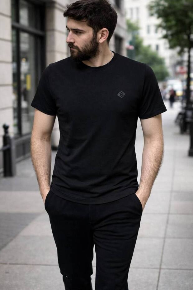 Men's Black Regular Stretch Fabric Single Jersey Fabric Crew Neck Short Sleeve T-Shirt
