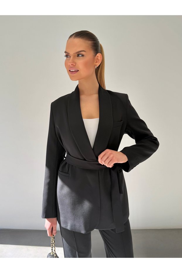 Tie-Up Shawl Collar Jacket Trousers Black Suit