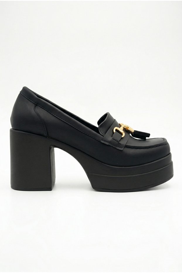 Women's Special Design Black Platform Heeled Loafer Shoes with Tassel Buckle