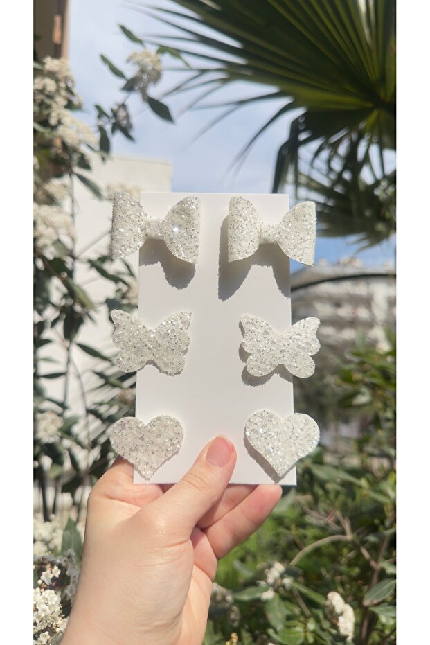 White Stella Glitter Bow Heart Butterfly (Metal 5cm /3Cm with Clip 6-Pack)