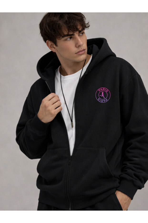 Men's Black Winter Hooded Zip-Up Fleece-Lined Sweatshirt Jacket