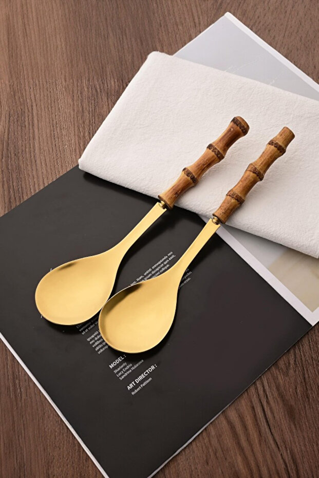Bamboo Wooden Handle Salad Spoon Set Stainless Steel Serving Set