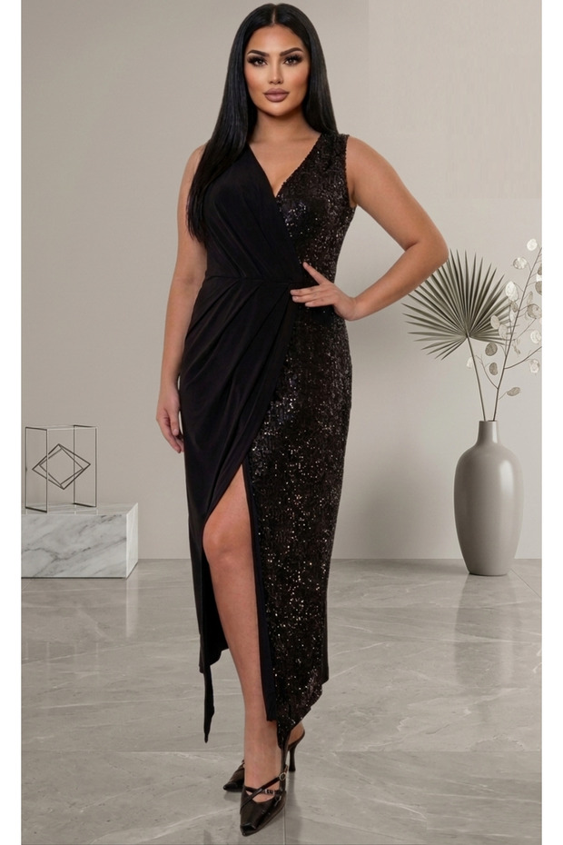 Women's Plus Size Sequin Detailed Sandy Evening Dress 21104 Black