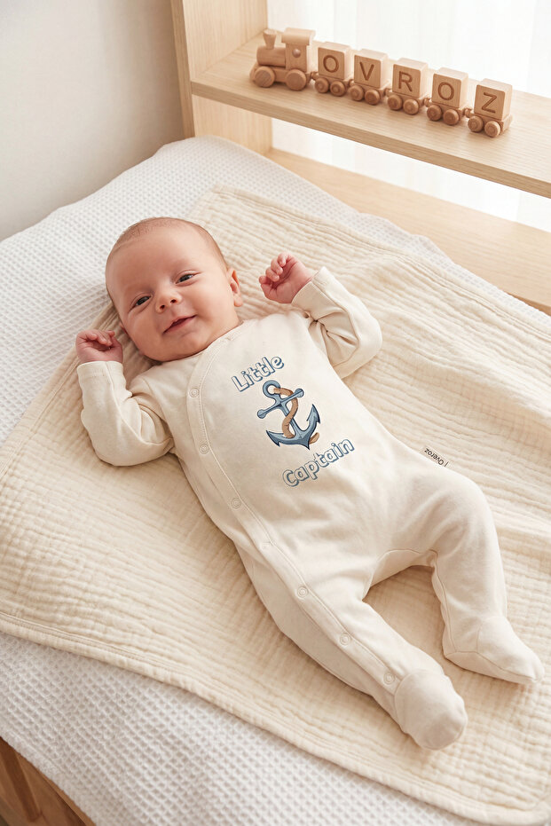 Baby Boy Overalls with Booties Little Captain Printed Snap Fastener Ecru Bodysuit Overalls 5794
