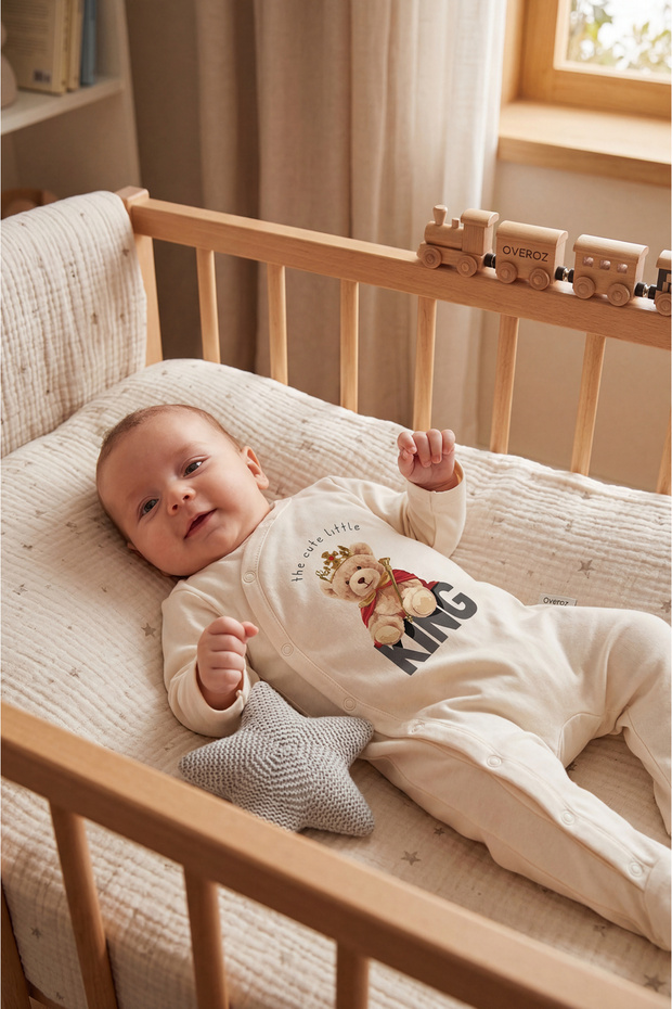 Baby Boy Booties Jumpsuit King Teddy Bear Printed Snap Fastener Ecru Bodysuit Jumpsuit 5762