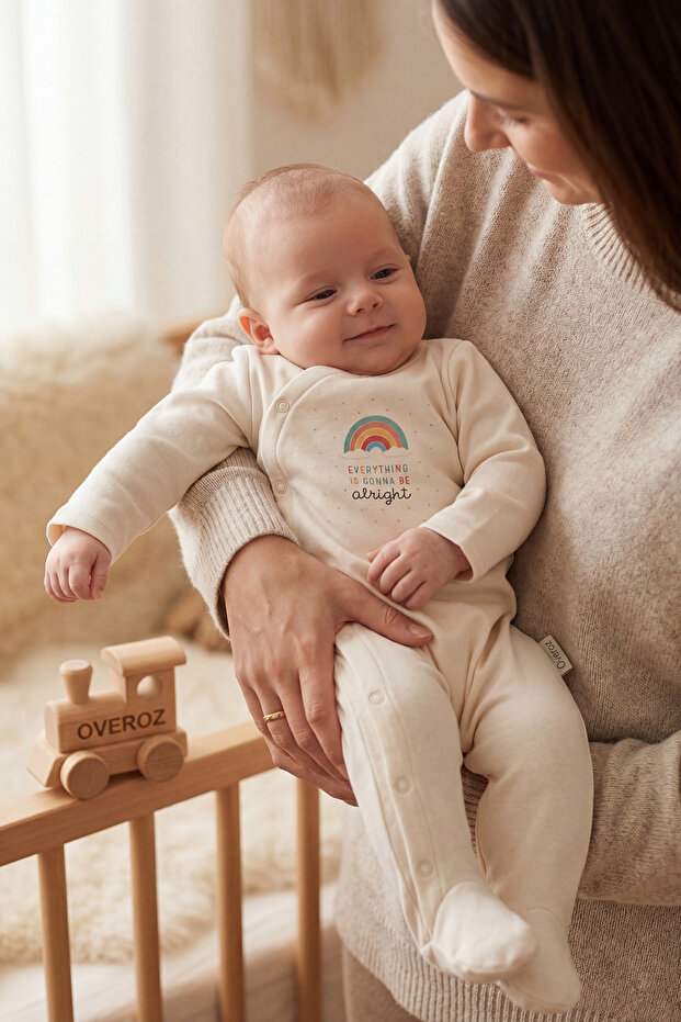Baby Boy/Girl Romper with Booties, Rainbow Printed Snap Fastener Ecru Bodysuit Romper 5321