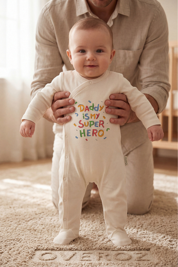Baby Boy/Girl Overalls with Booties, Dad Daddy Super Hero Printed Snap Fastener Ecru Bodysuit Overalls 5353