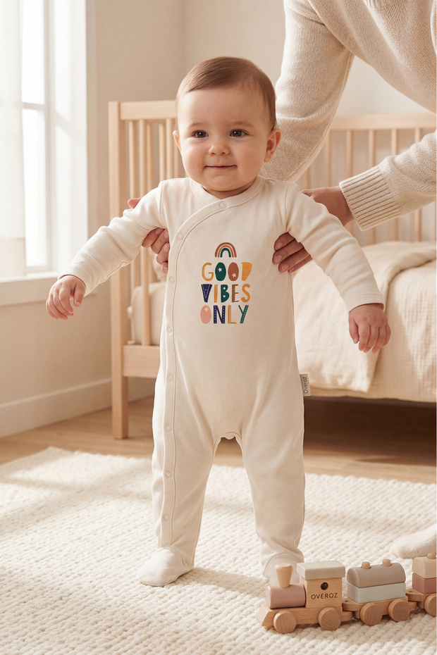 Baby Boy/Girl Romper with Booties Good Vibes Only Printed Snap Fastener Ecru Bodysuit Romper 5369