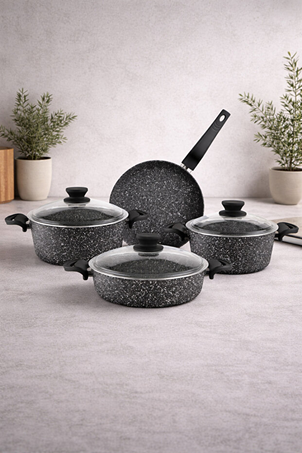Diez 7-Piece Granite Cookware Set - Black - 20cm Deep, 26cm Shallow, 26cm Frying Pan