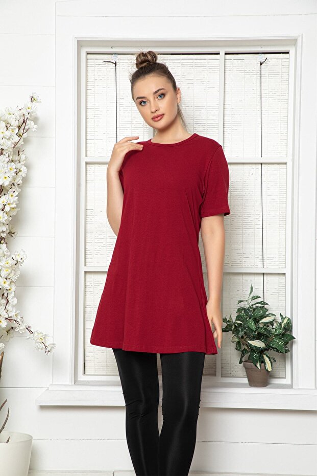 Women's Burgundy Short Sleeve Cotton Crew Neck Combed Cotton Tunic Slm04