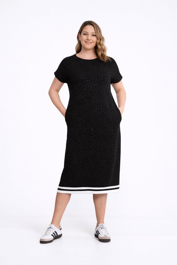 Women's Plus Size Black, Stone Detailed, Ribbed Hem, Pocket Dress 65N39439