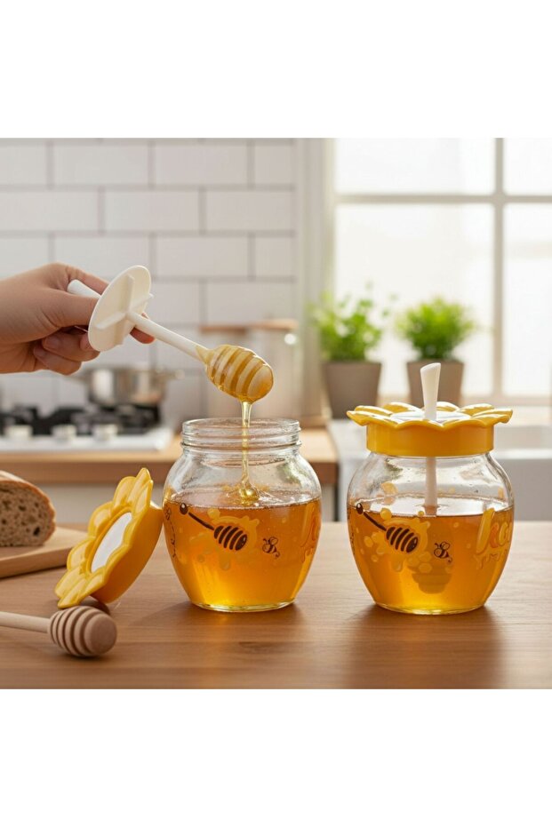طقم برطمان عسل زجاجي مع ملاعق مكون من قطعتين