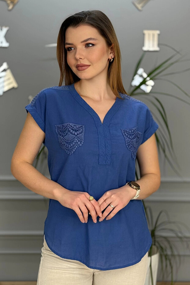 Women's Blue Shoulder and Pocket Laced Linen Fabric Short Sleeve Blouse Shirt