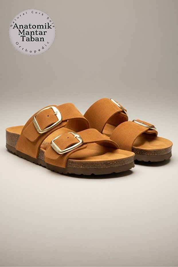 Anatomical Natural Cork Sole Large Buckle Genuine Leather Slippers