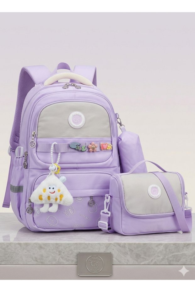 Girl's Primary School Bag Ultra Light Primary School / Middle School School 3-Piece Bag Set Pink-Lilac -Gray
