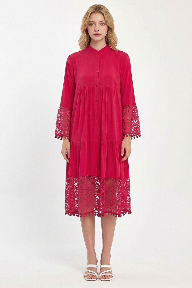 Women's Fuchsia Tulle Detailed Long Woven Viscose Dress