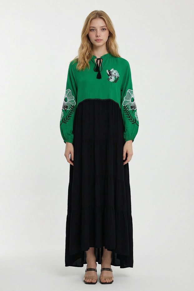 Women's Green Judge Collar Embroidered Color Block Long Length Shirt Dress Bcvl-24996