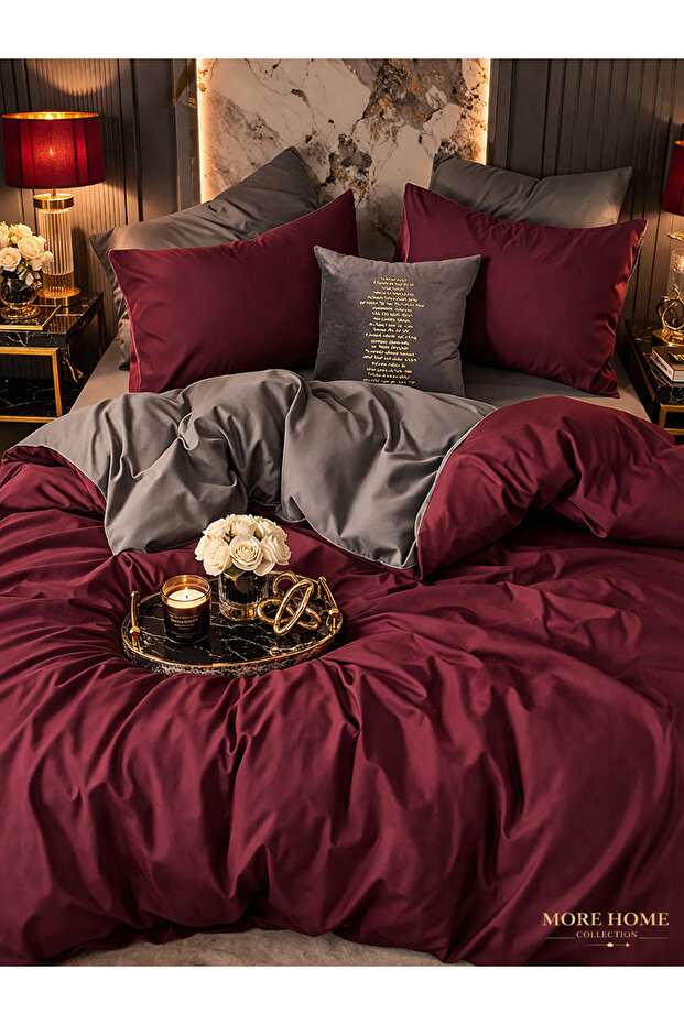 Double Duvet Cover Set with Elastic Sheets Burgundy Anthracite