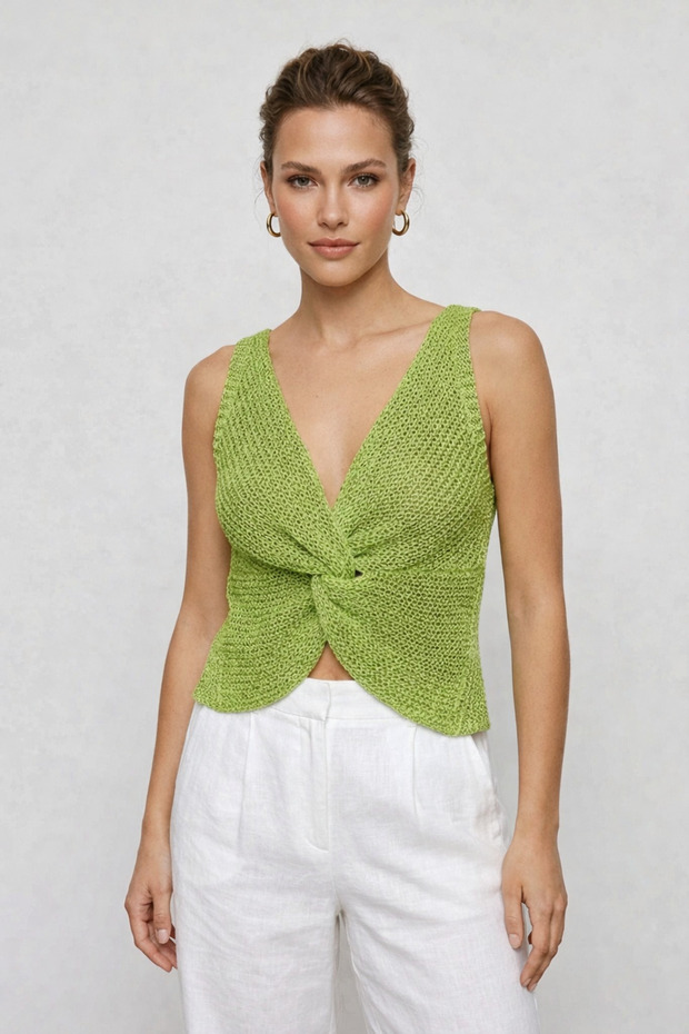 Twist Knot Detailed Premium Women's Knitwear Blouse – V-Neck Knit Textured Stylish Cropped Design