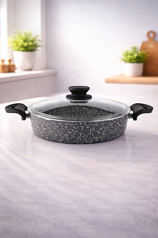 Eco Diez 24 cm Granit Flat Pot Gray | Non-Stick Roasted Rice Pot with Glass Lid | Scratch Resistant Large Volume Granite Cookware