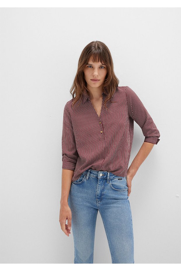 Button Detailed Striped Burgundy Women's Blouse M122400-88614