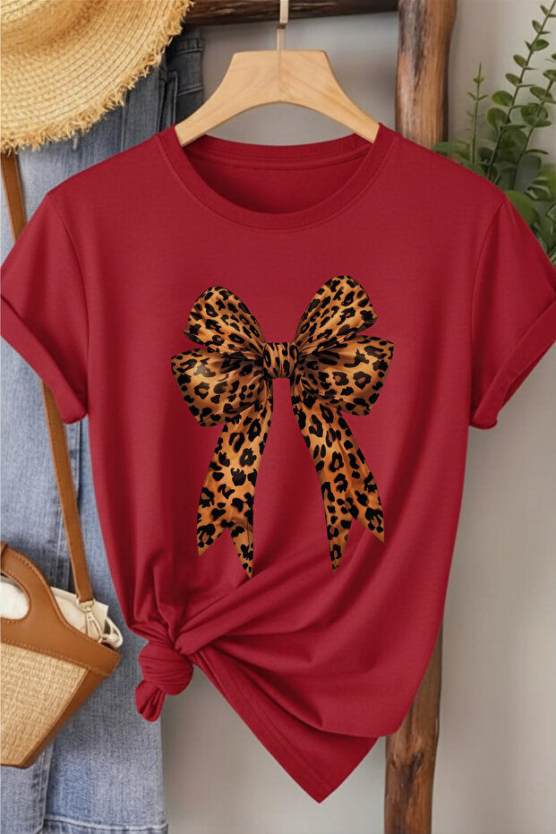 Leopard Patterned Ribbon Printed Women's Cotton T-Shirt