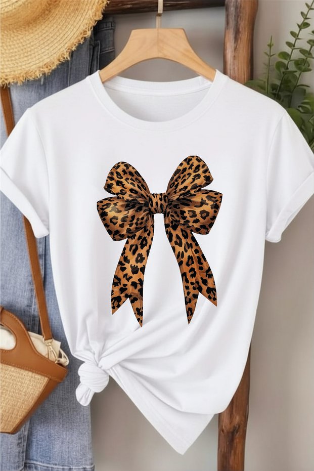 Leopard Patterned Ribbon Printed Women's Cotton T-Shirt