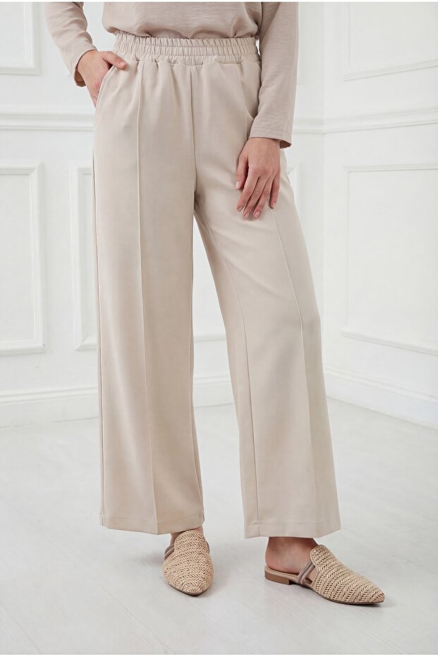 Zayna Wide Leg Striped Scuba Diving Pants-Mt3555 Stone
