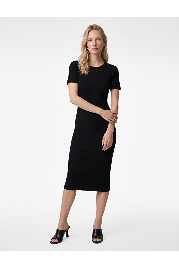 Short Sleeve Round Neck Midi Length Fine Knit Pencil Dress