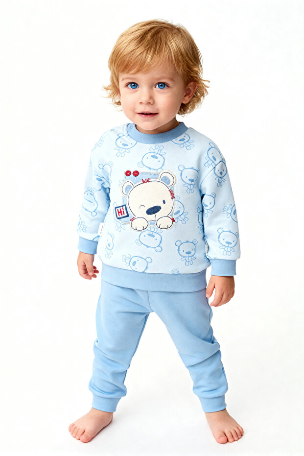 Natural Cotton Cute Teddy Bear Printed Baby Set Seasonal 2-Piece Top and Bottom Set-Blue