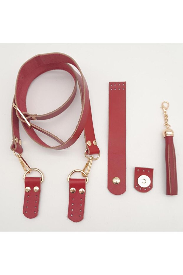 Red Genuine Leather 130X2.3 cm Adjustable Handle Tassel Bag Set Light Gold Metal