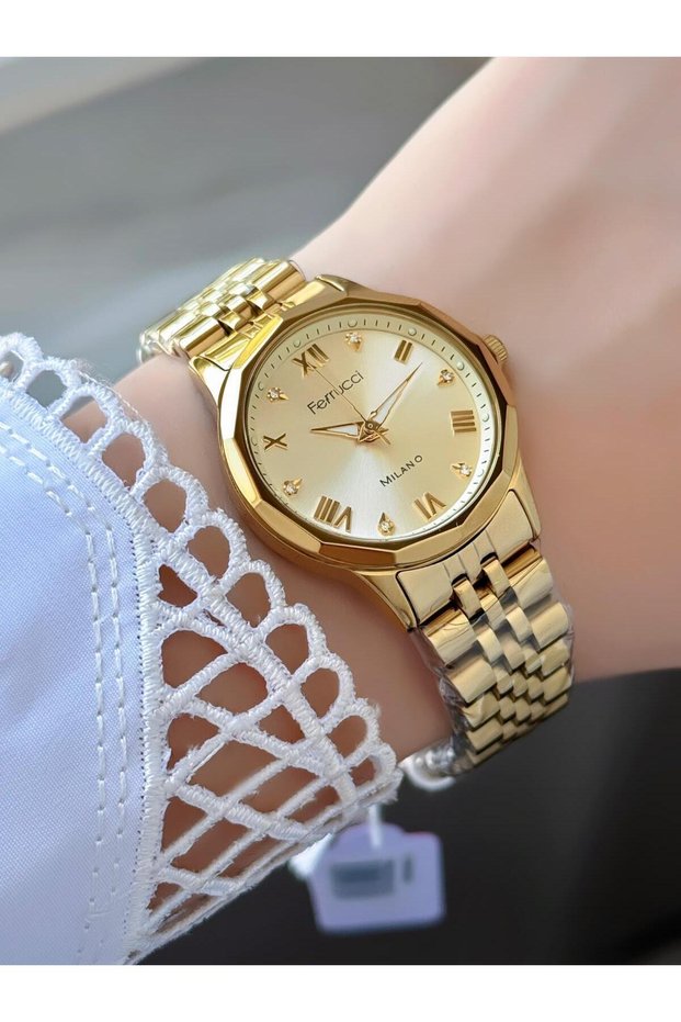 Milano Women's Wristwatch – Metal Band, Yellow Dial, Roman Numerals with Gold Detail