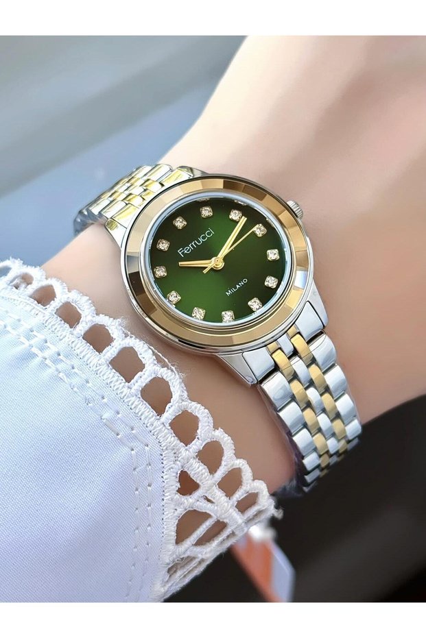 Milano Green Stone Dial Two Color Metal Cord Women Wrist Watch