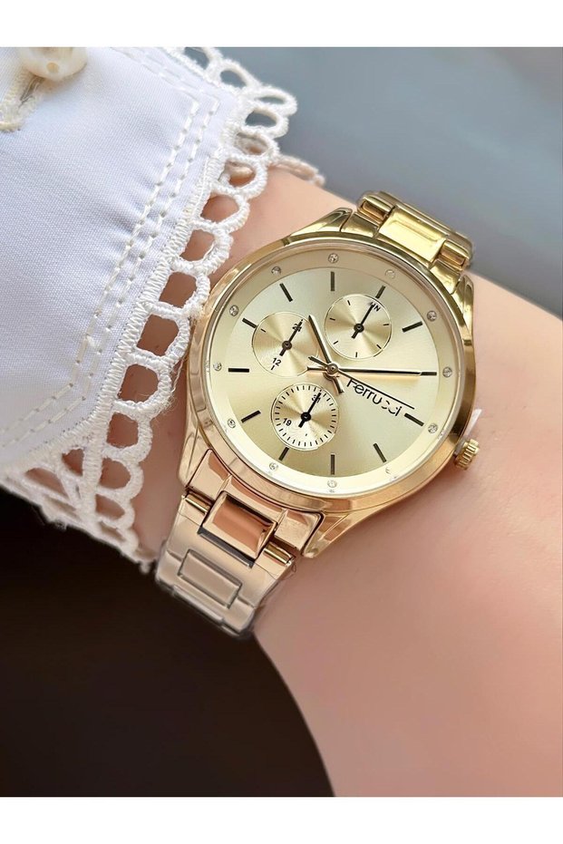 Women's Round Stone Gold Dial Gold Metal Cord Wristwatch