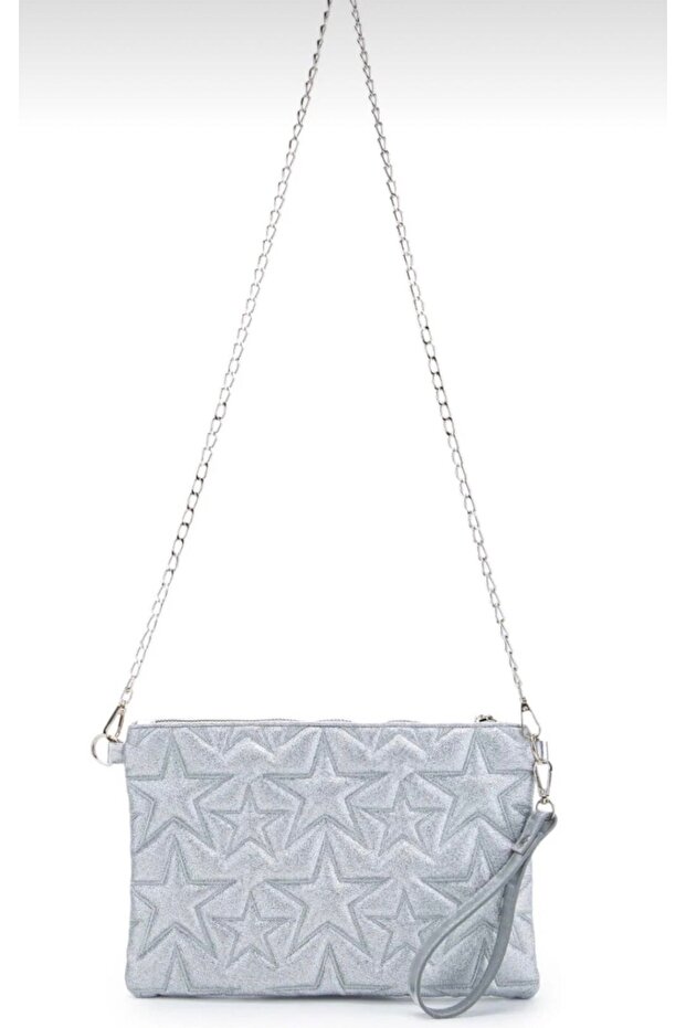 Chain Detailed Starry Women's Portfolio Hand and Shoulder Bag in Silvery Silver