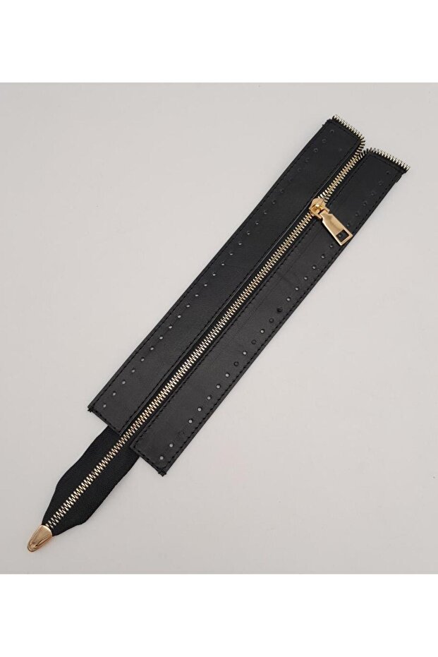 28 cm Black Color Zipper with Real Leather Light Gold Metal