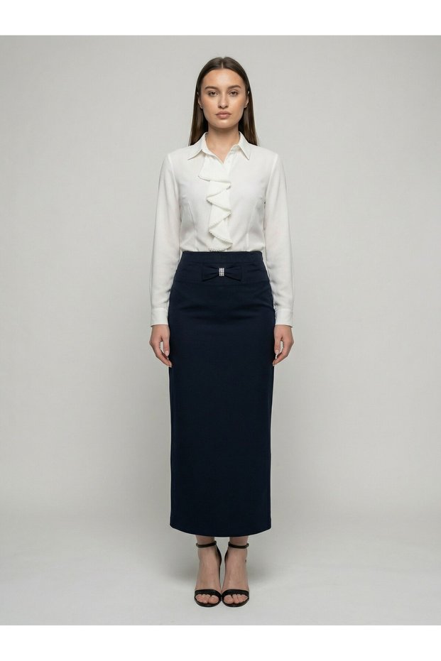 Apsen Women's Navy Blue Seasonal Long Pencil Skirt with Bow Detail 2108-95