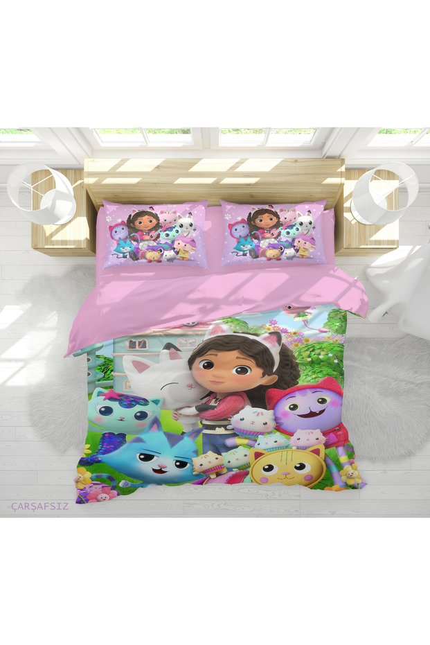 Gabby's Dream House Patterned 3D Digital Printed Double Bed Sheetless Girl's Duvet Cover Set