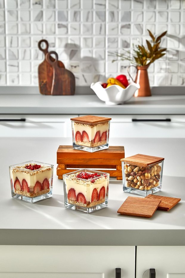 4-Piece Luxury Glass Dessert and Magnolia Bowl with Wooden Lid, Square Ice Cream Snack Bowl Set - P