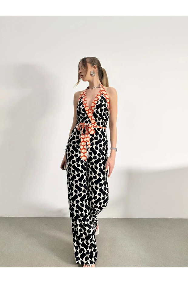Halter Neck Strap Patterned Jumpsuit - 2