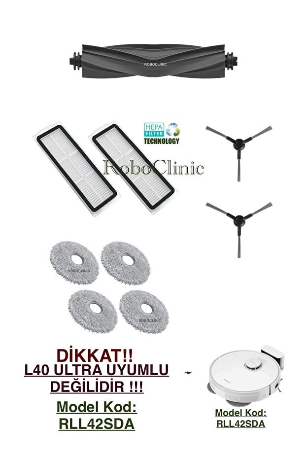كود موديل Dreame L40: RLL42SDA / L40 Plus فرشاة متوافقة مع المكنسة الكهربائية الروبوتية، فلتر هيبا، طقم ممسحة - 9 قطع