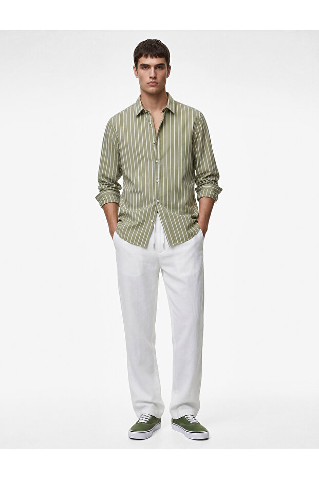 Straight Fit Cotton Trousers with Pockets and Lace-Up Waist