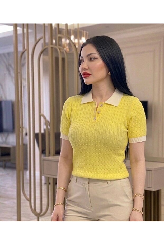 Polo Collar Soft Textured Hair Knit Patterned Knitwear Top T-Shirt Yellow