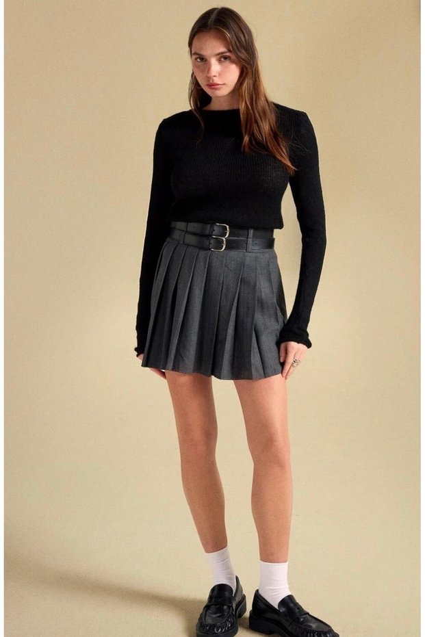 Alizstore Belt Detailed High Waist Pleated Mini