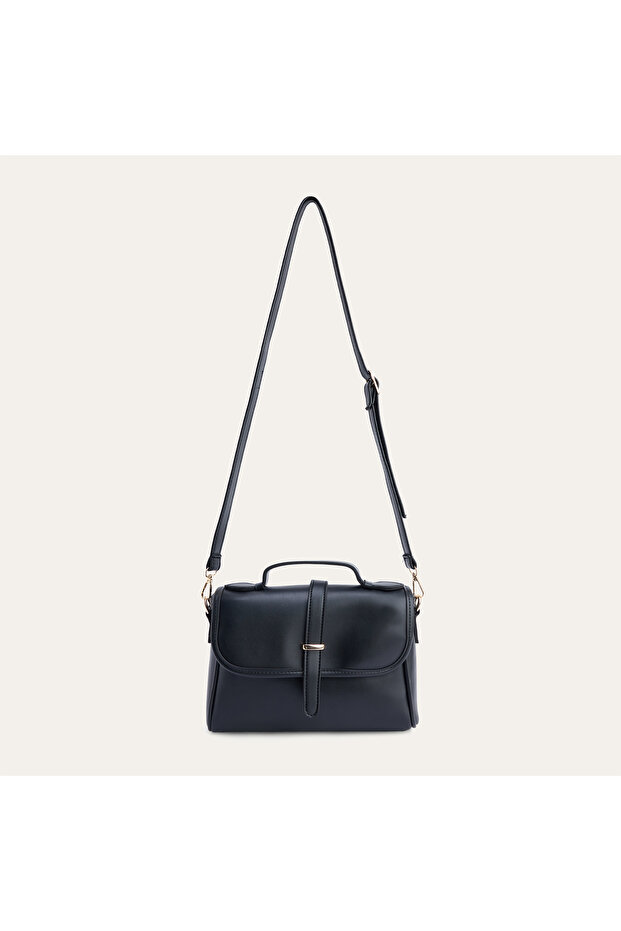 Women's Black Leather Look Buckle Shoulder Bag