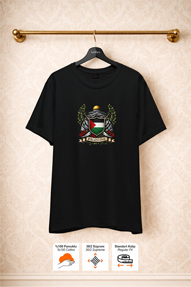 Black Jerusalem Printed Thick Single Jersey Fabric Cotton T-Shirt Crew Neck Women Men