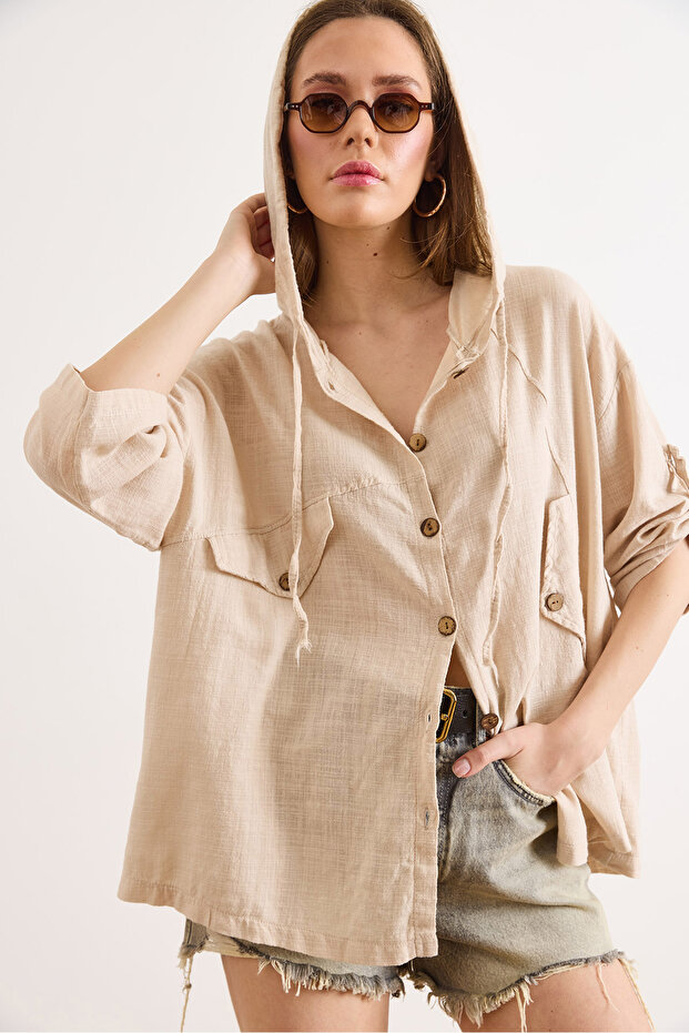 Women's Beige Boho Accessory Pocket Hooded Washable 100% Cotton Thin Jacket Ckt-19000517