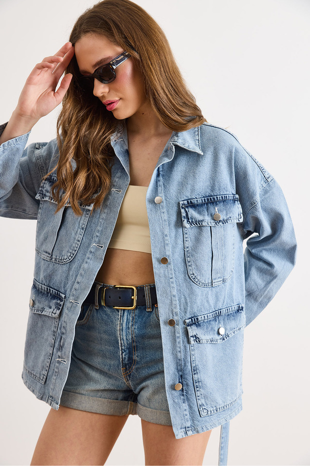 Women's Light Blue Belted Denim Jacket with 4 Pockets Ckt-19000503