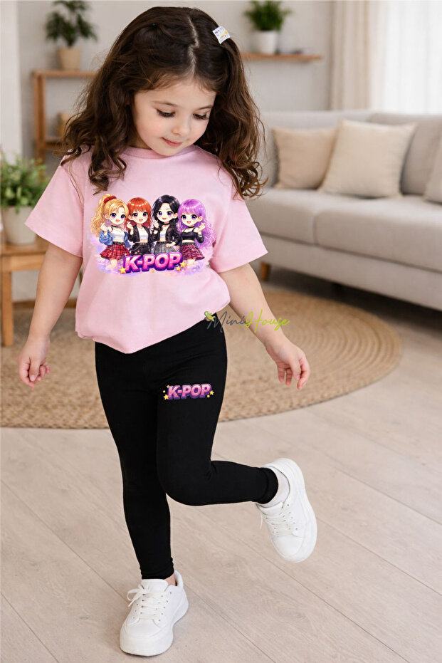 K-Pop Girls Printed Bottom Top Set T-Shirt Tights